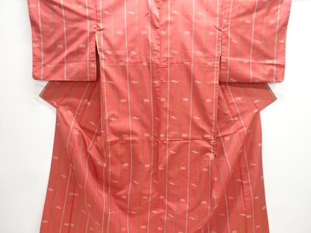 アンティーク　縞に絣柄織出し手織り節紬着物